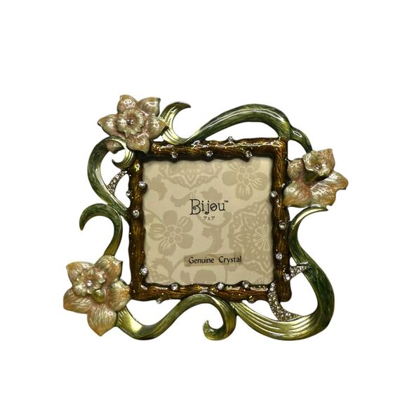 Bijou Genuine Crystal Floral Enameled Picture Frame 3” x 3” NEW - Picture 1 of 6